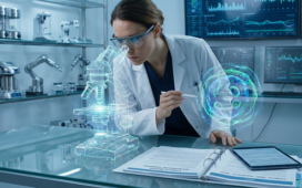 Doctor examining glowing cellular structure, symbolizing regenerative medicine with legal documents in foreground.