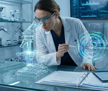 Doctor examining glowing cellular structure, symbolizing regenerative medicine with legal documents in foreground.