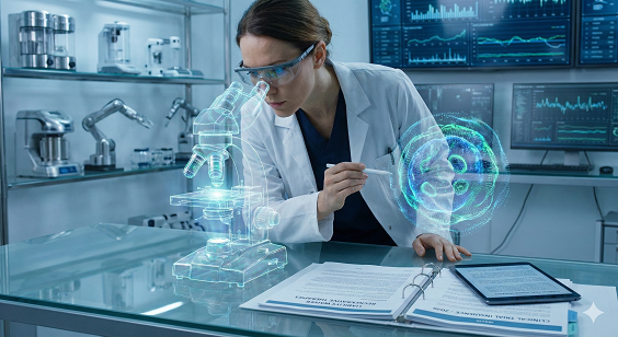 Doctor examining glowing cellular structure, symbolizing regenerative medicine with legal documents in foreground.